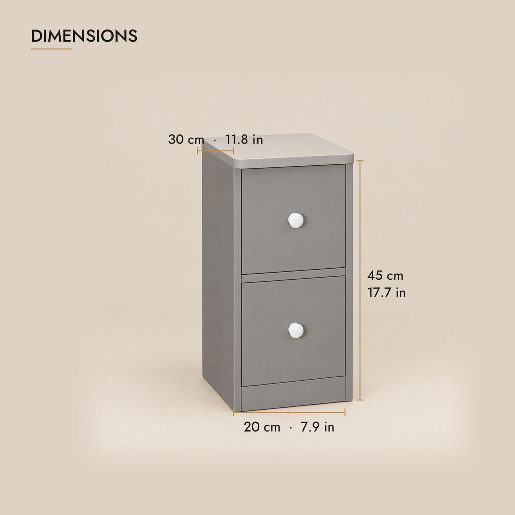 Slim grey bedside table dimensions: 20 x 30 x 45 cm (W x D x H)