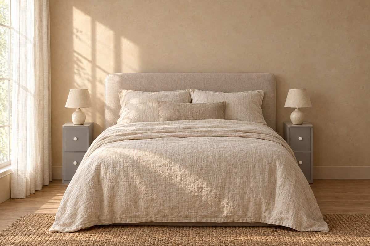 Pair of slim grey bedside tables either side of a double bed