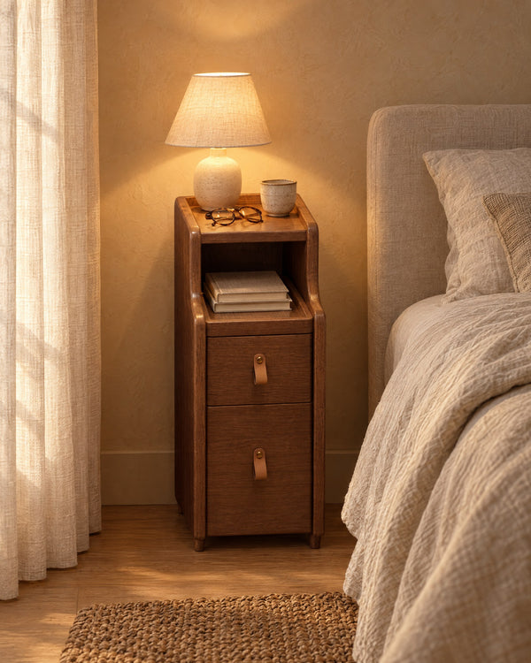 Slim Walnut-Tone Bedside Table 20 cm with Pull-Out Tray and 2 Drawers
