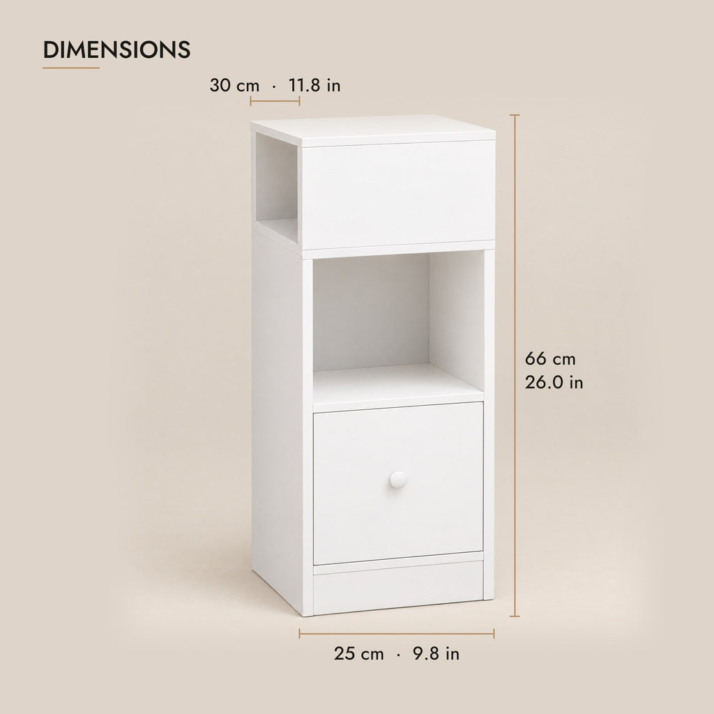 Slim white bedside table dimensions: 25 cm wide, 30 cm deep, 66 cm high