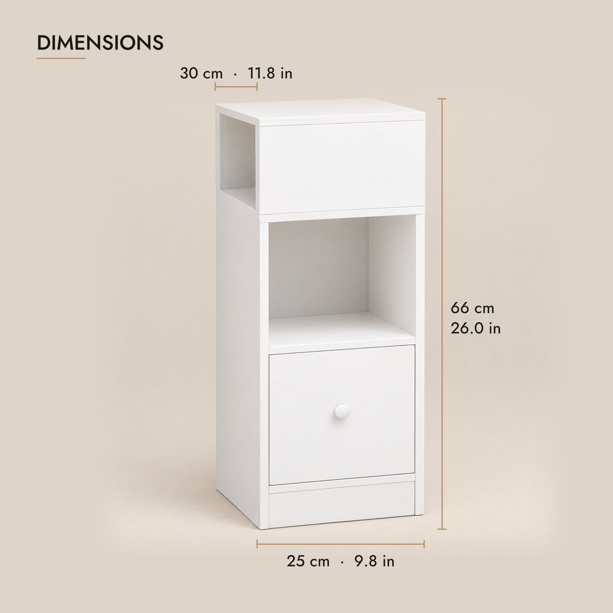 Slim white bedside table dimensions: 25 cm wide, 30 cm deep, 66 cm high