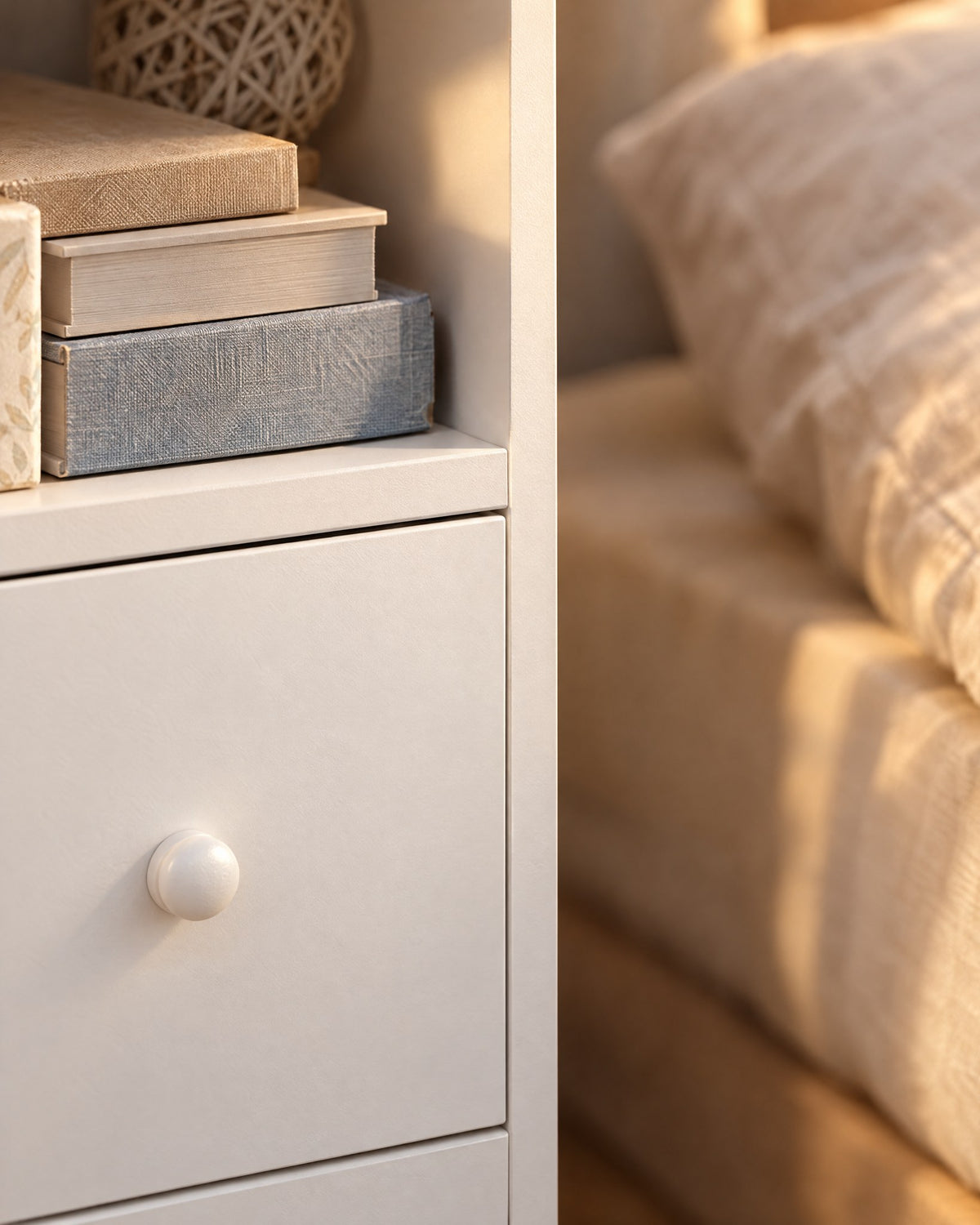 Close-up of the drawer knob and the open shelf of the slim white bedside table