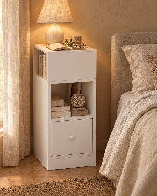 Slim White Bedside Table 25 cm with Side Niche, Open Shelf and Drawer