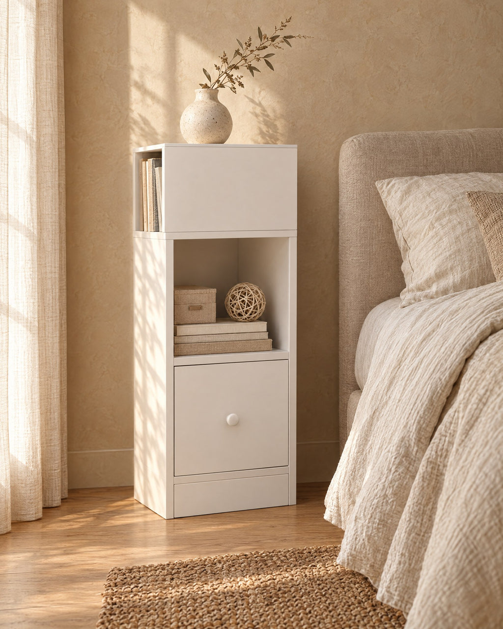 Three-quarter view of the slim white bedside table showing the side book niche