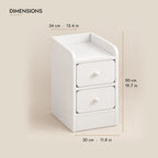 Slim white bedside table dimensions: 30 cm wide, 34 cm deep, 50 cm high