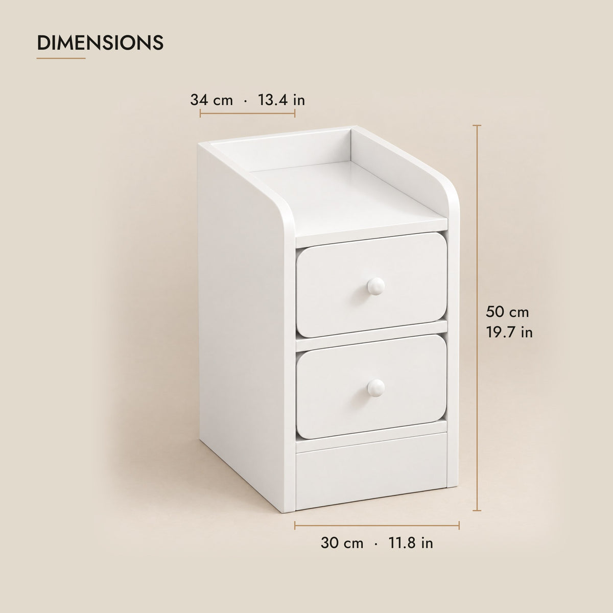 Slim white bedside table dimensions: 30 cm wide, 34 cm deep, 50 cm high