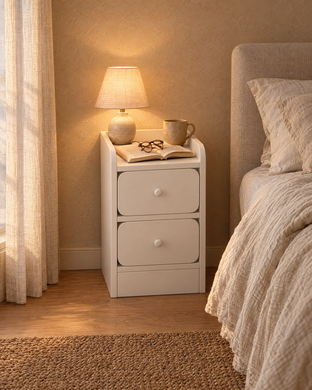 Slim white bedside table with a lamp switched on and an open book in the evening