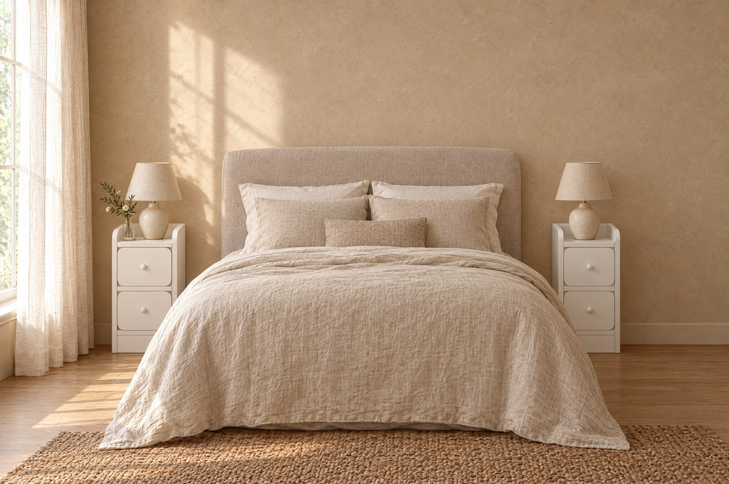 Pair of slim white bedside tables on each side of a double bed