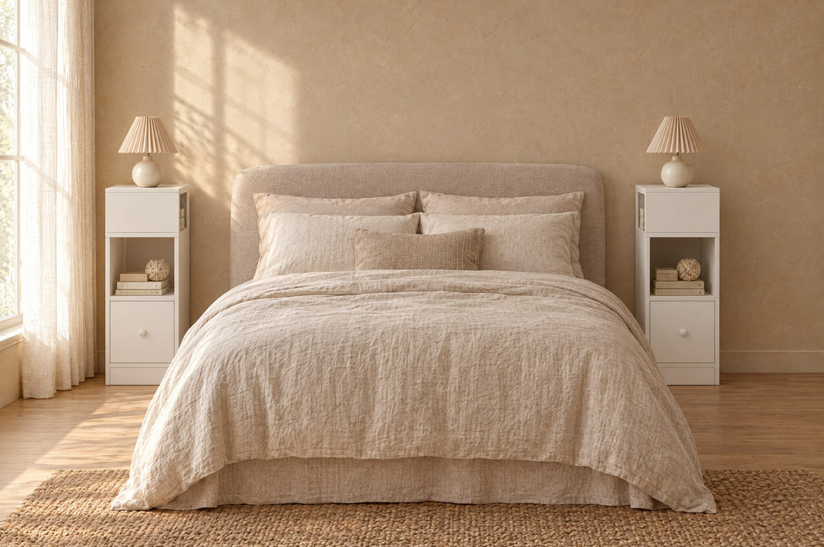 Pair of slim white bedside tables on each side of a double bed