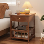 Small bamboo bedside table with books on the lower shelf beside a bed