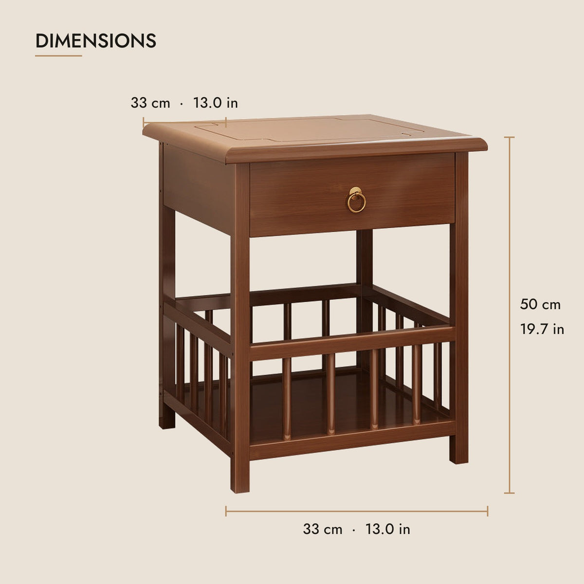 Bamboo bedside table dimensions: 33 cm wide, 33 cm deep, 50 cm high
