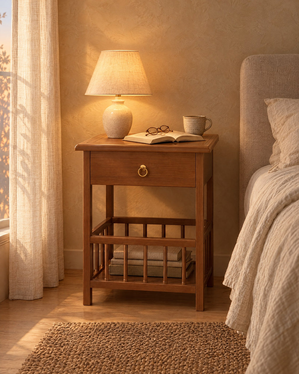 Small bamboo bedside table with a drawer and a lamp switched on in the evening