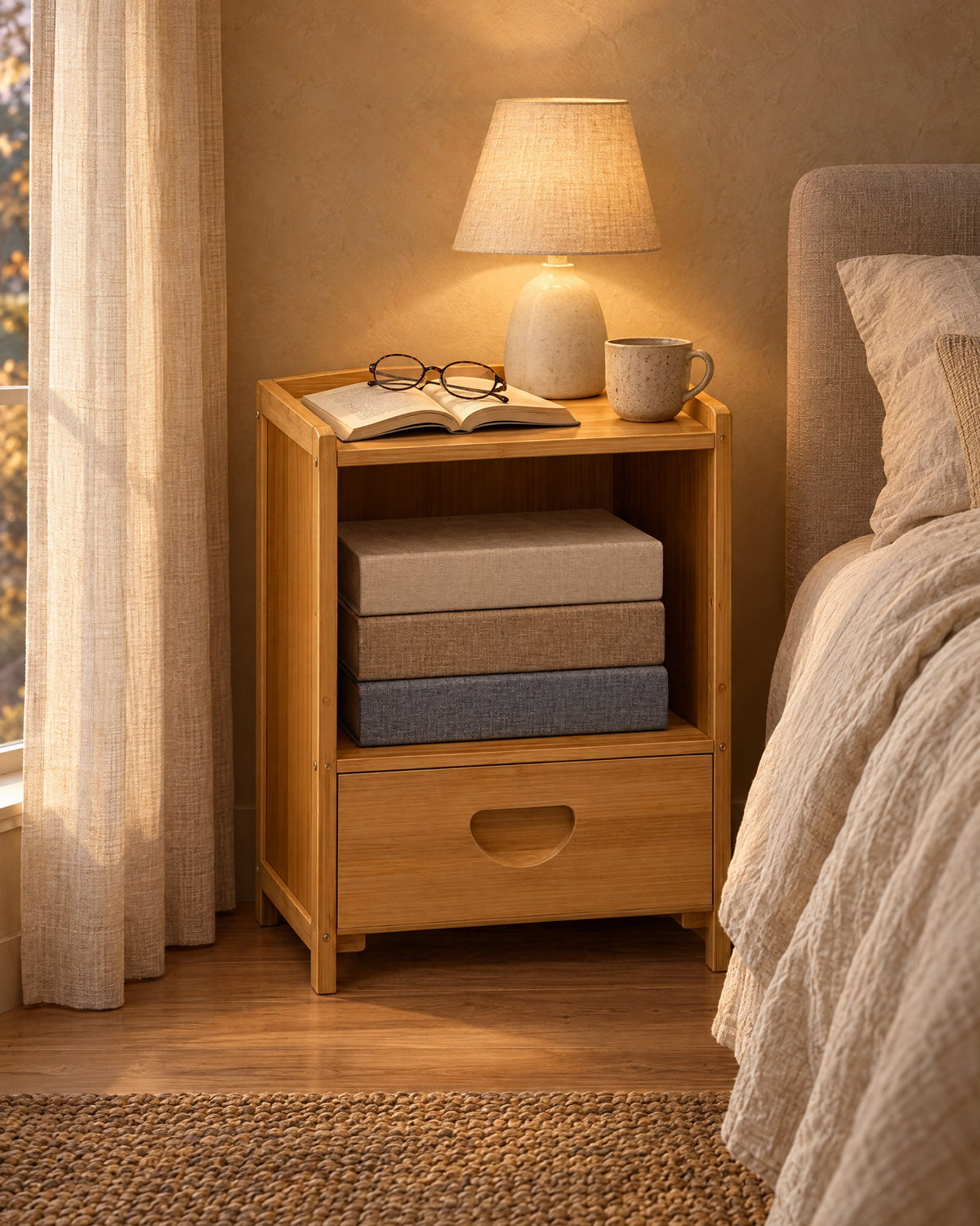 Small bamboo bedside table with a lamp switched on and an open book in the evening