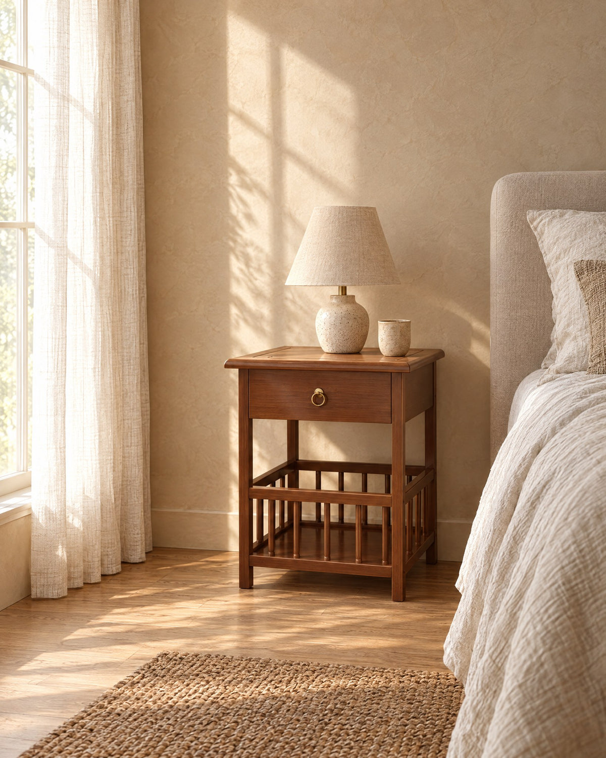 Small bamboo bedside table with a gallery shelf in morning light
