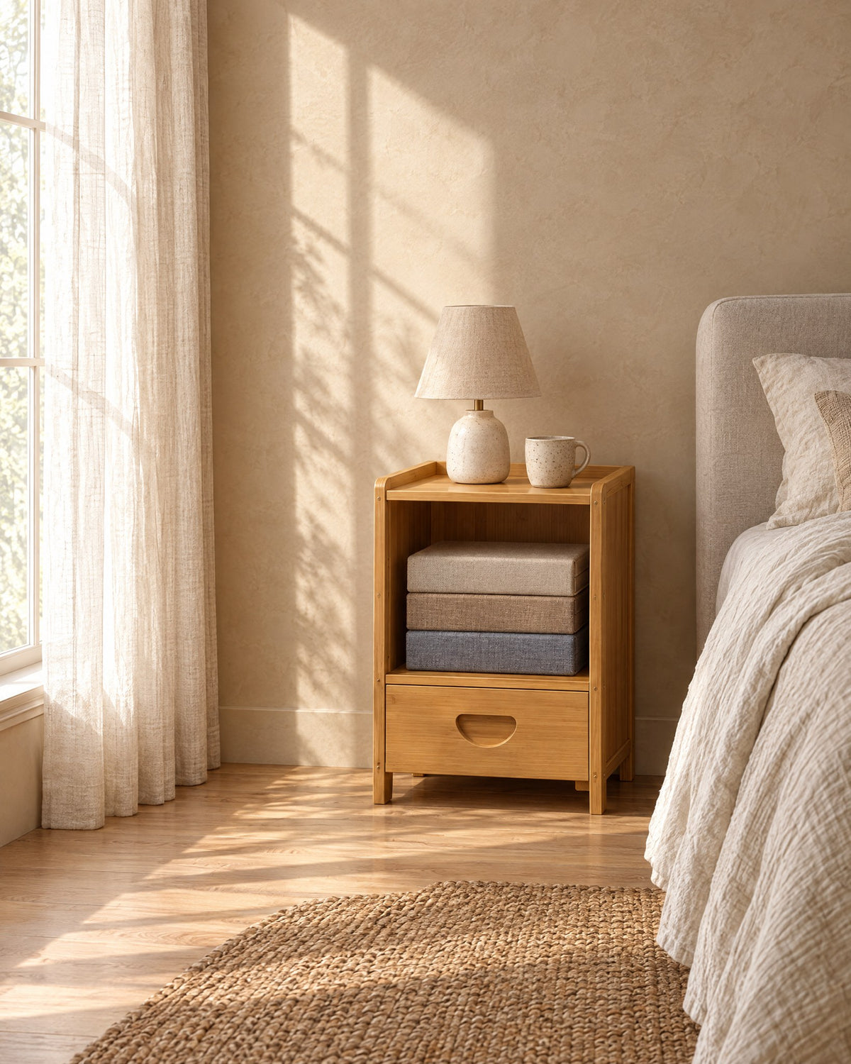 Small bamboo bedside table in warm morning light with window shadows on the wall