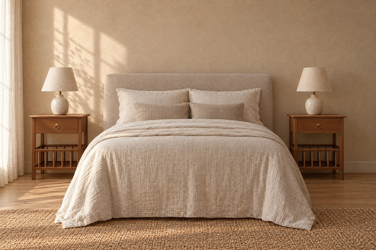 Pair of small bamboo bedside tables either side of a double bed