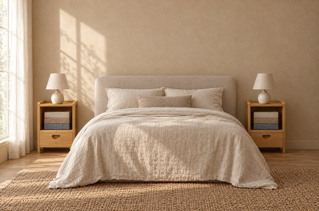 Pair of small bamboo bedside tables on each side of a double bed