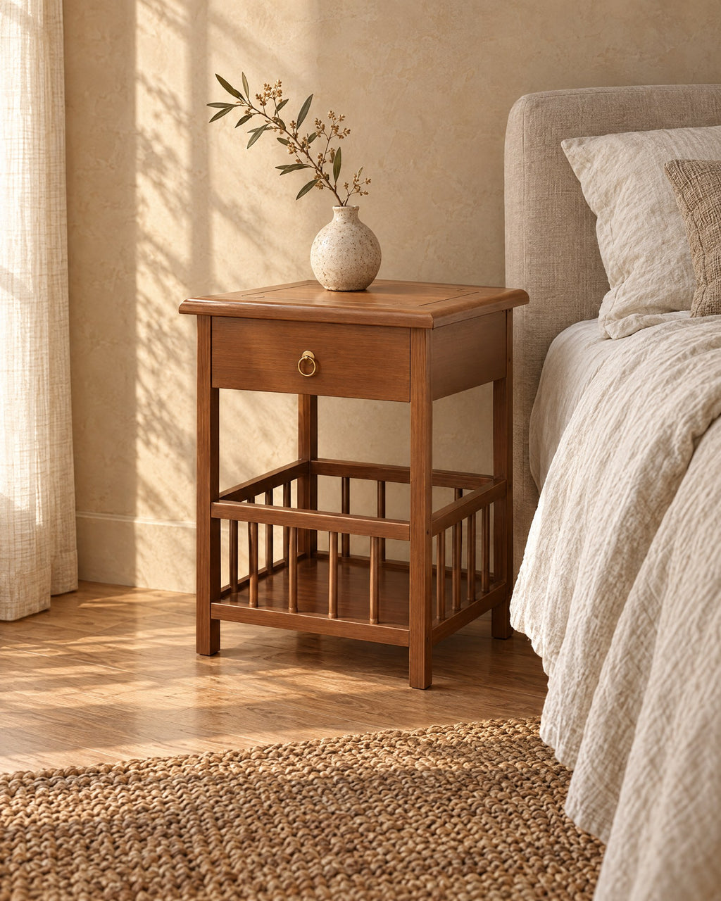 Three-quarter view of the bamboo bedside table showing the spindle gallery shelf