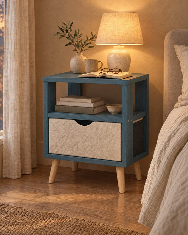 Blue Bedside Table with Open Shelf, Fabric Drawer and Wooden Legs