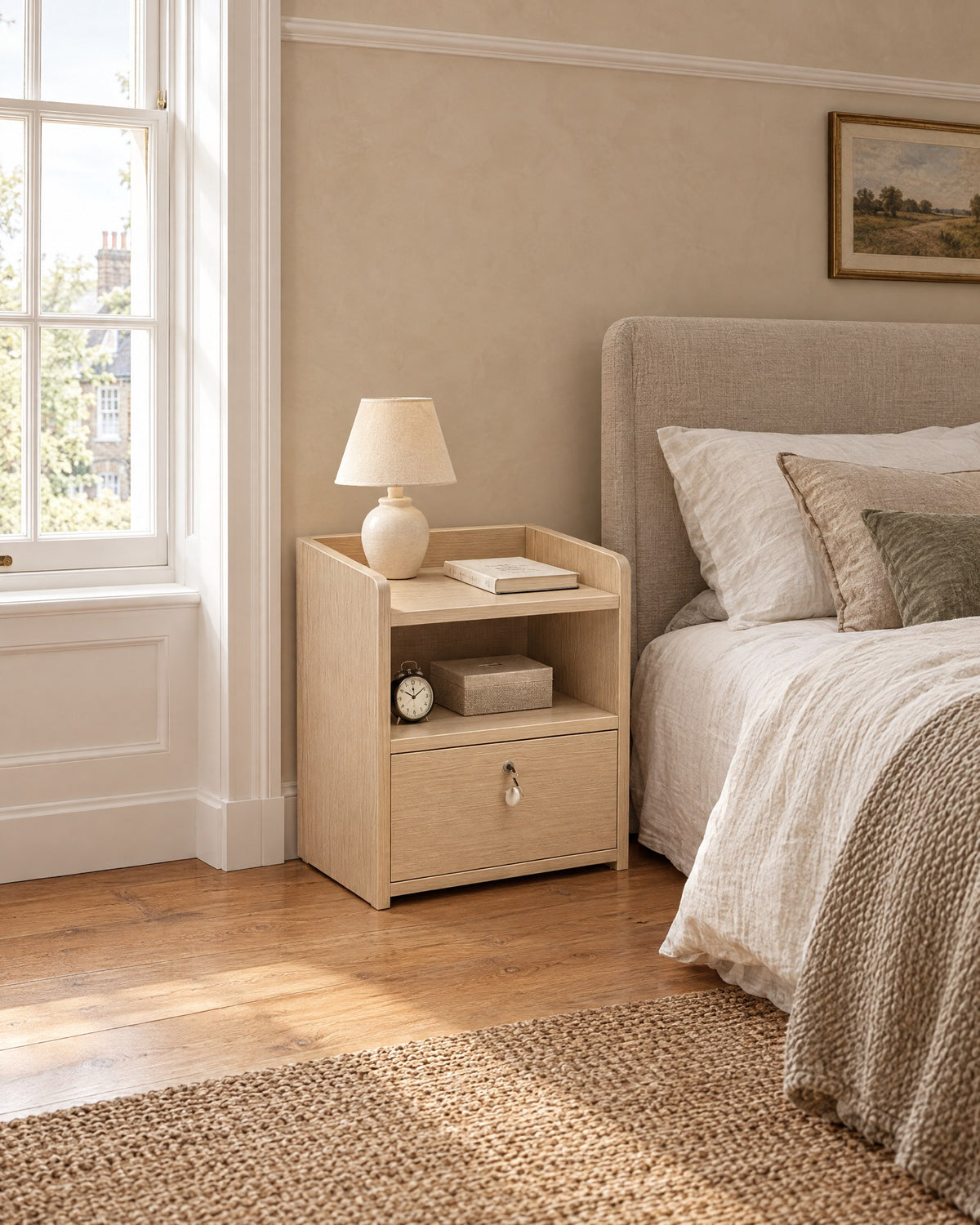 Small light wood bedside table with a lockable drawer and an open shelf beside a linen bed in a British bedroom with a sash window