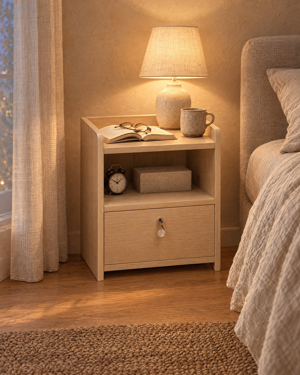 Small light wood bedside table with a lockable drawer and an open shelf, a lamp switched on and an open book in the evening