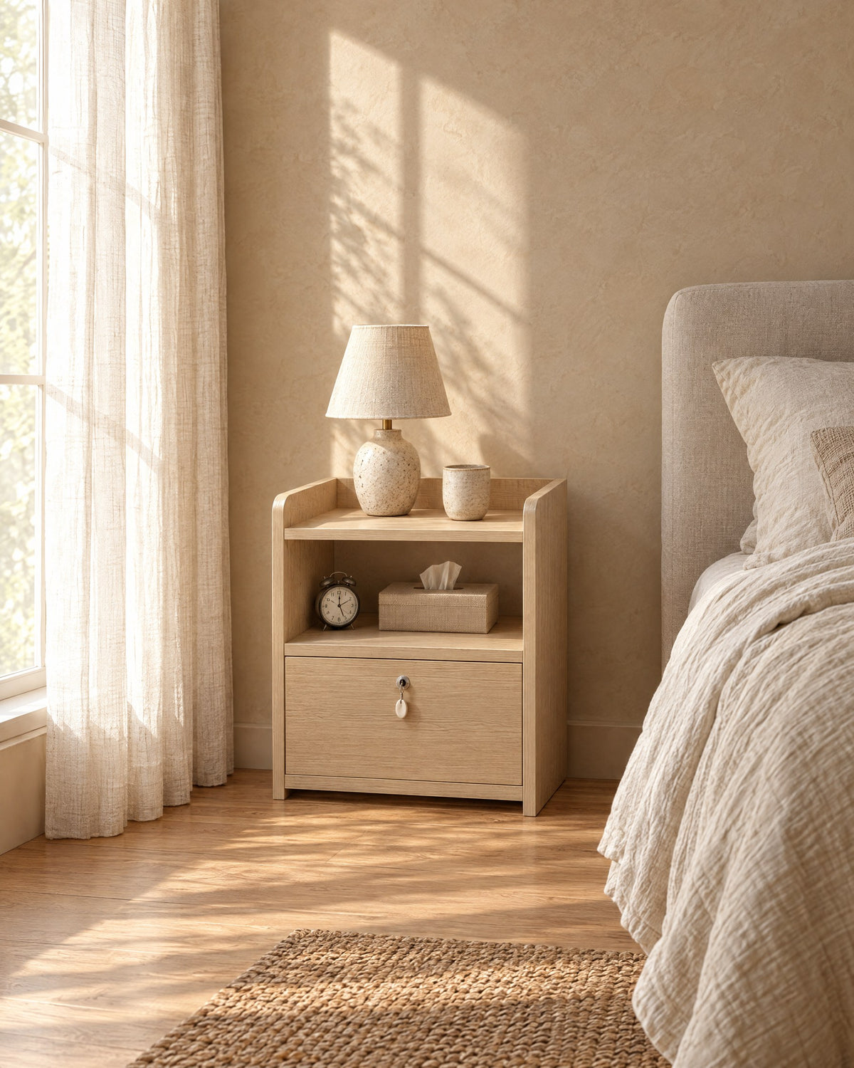 Small light wood bedside table with a lockable drawer and an open shelf with a ceramic lamp in morning light