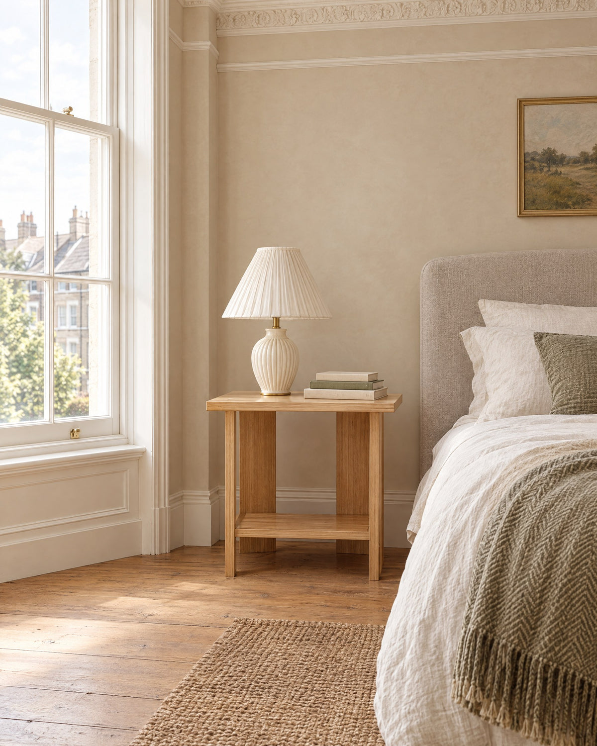 Small oak-effect bedside table in a British bedroom with a sash window