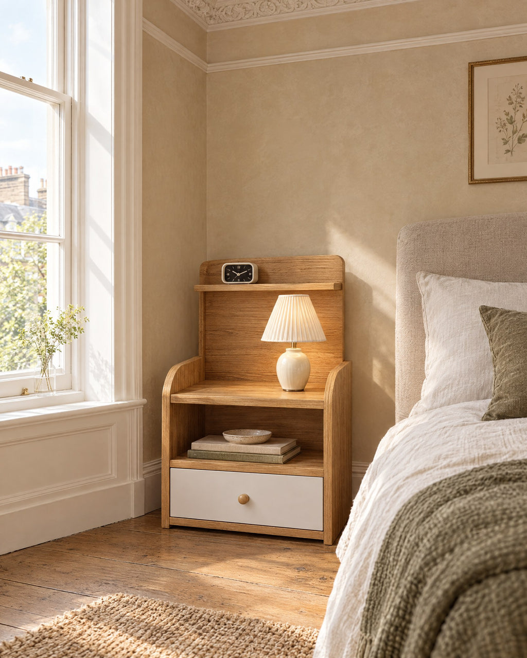 Small oak-effect bedside table with hutch shelf beside a linen bed in a bright British bedroom with a sash window