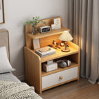 Small oak-effect bedside table with hutch shelf, product photo in a bedroom