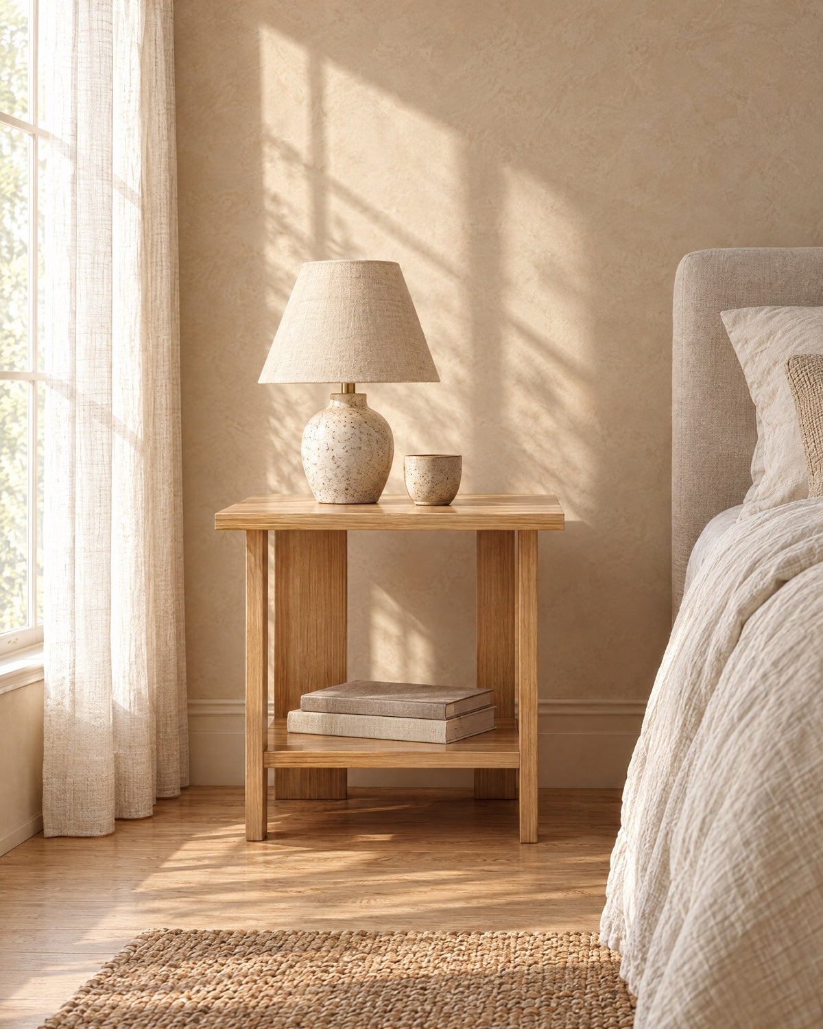 Small oak-effect bedside table with a ceramic lamp in morning light