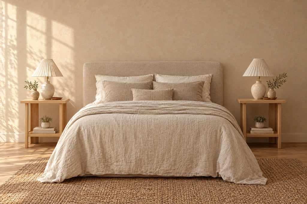 Pair of small oak-effect bedside tables on each side of a double bed