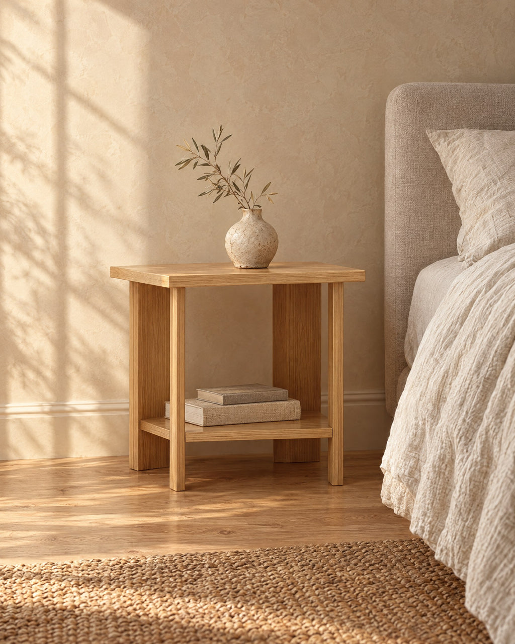 Three-quarter view of the small oak-effect bedside table and its lower shelf