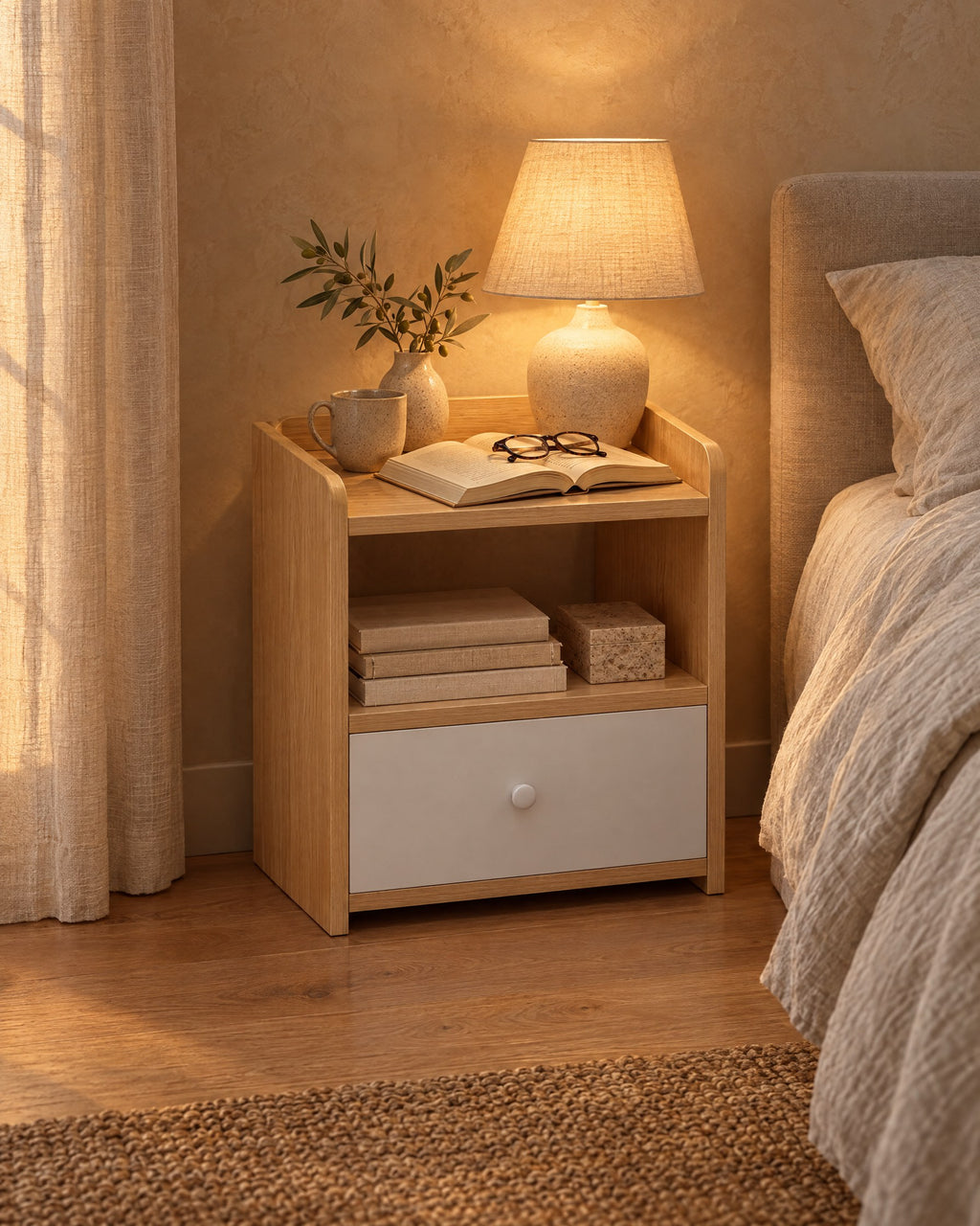 Small oak and white bedside table, lamp switched on and an open book in the evening