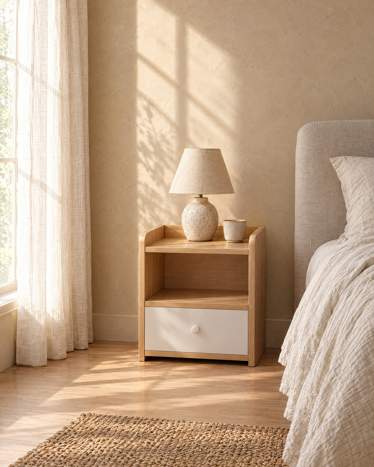 Small oak and white bedside table in warm morning light