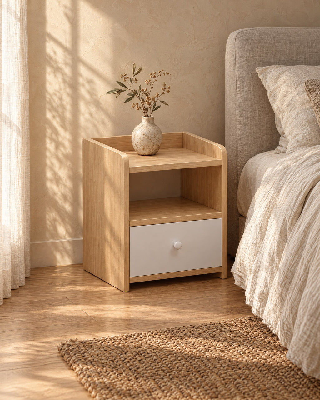 Three-quarter view of the small oak and white bedside table