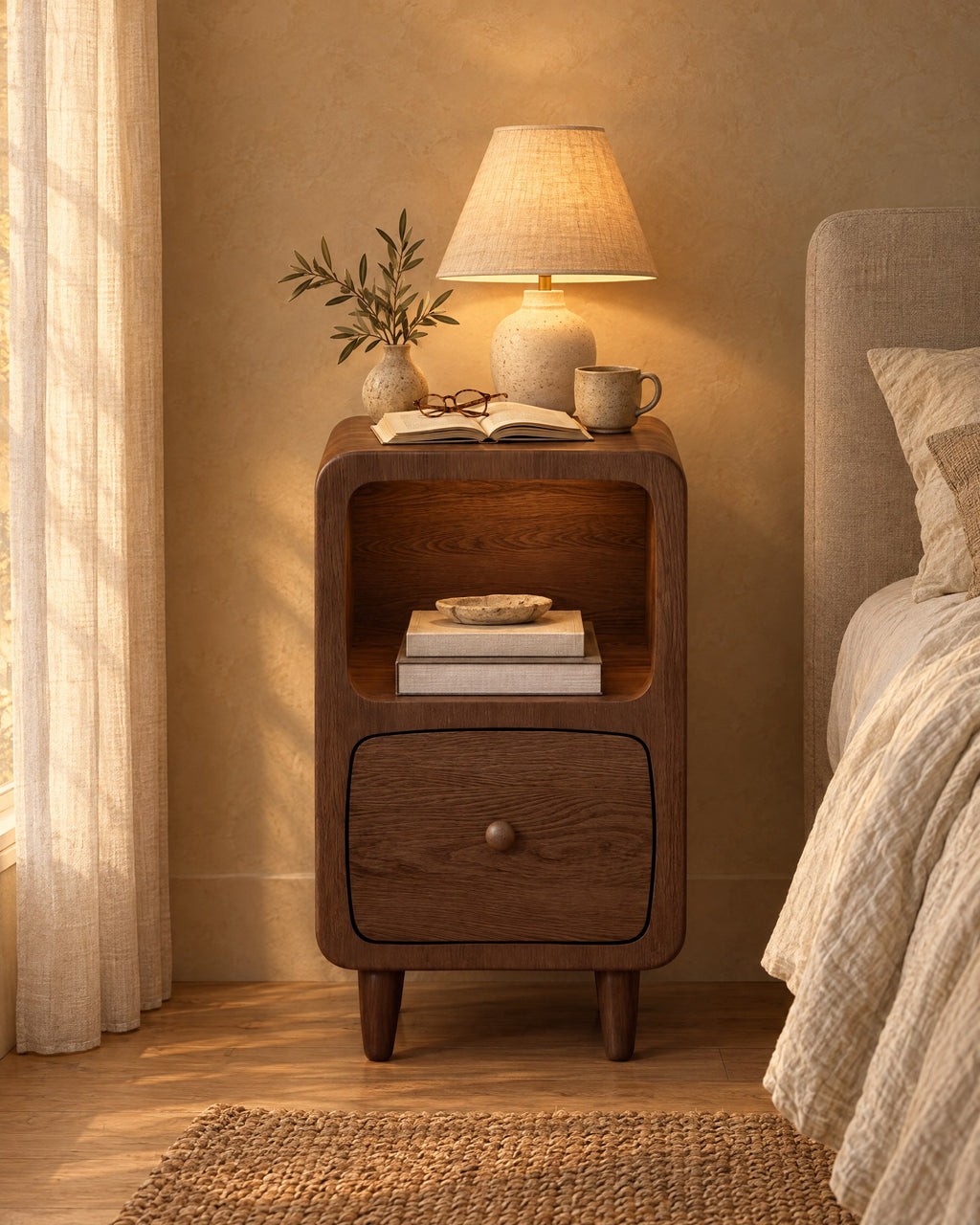 Small walnut bedside table with a rounded niche, a lamp switched on and an open book in the evening