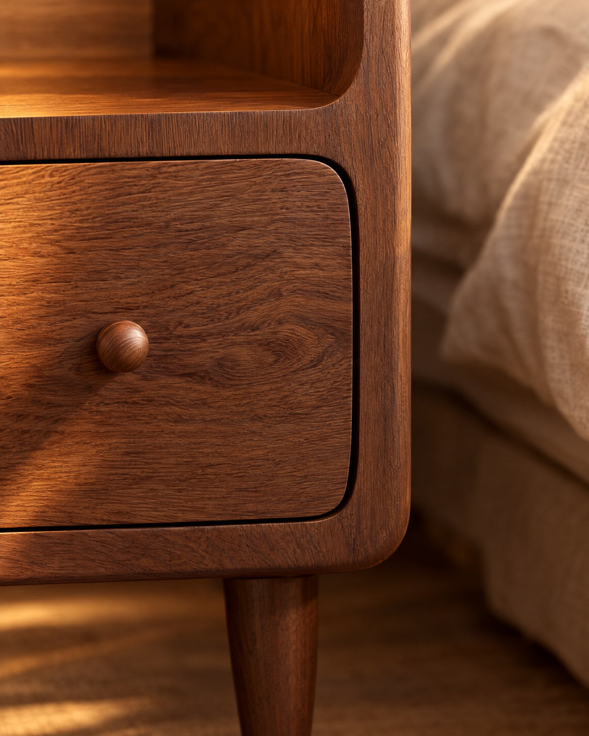 Close-up of the walnut grain and the round wooden knob of the drawer