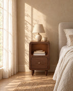 Small walnut bedside table with a ceramic lamp in morning light