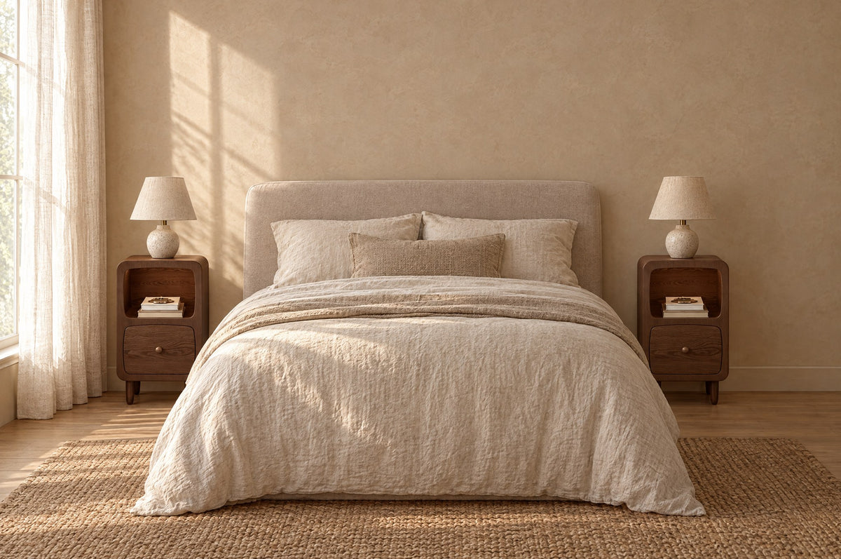 Pair of small walnut bedside tables on each side of a double bed