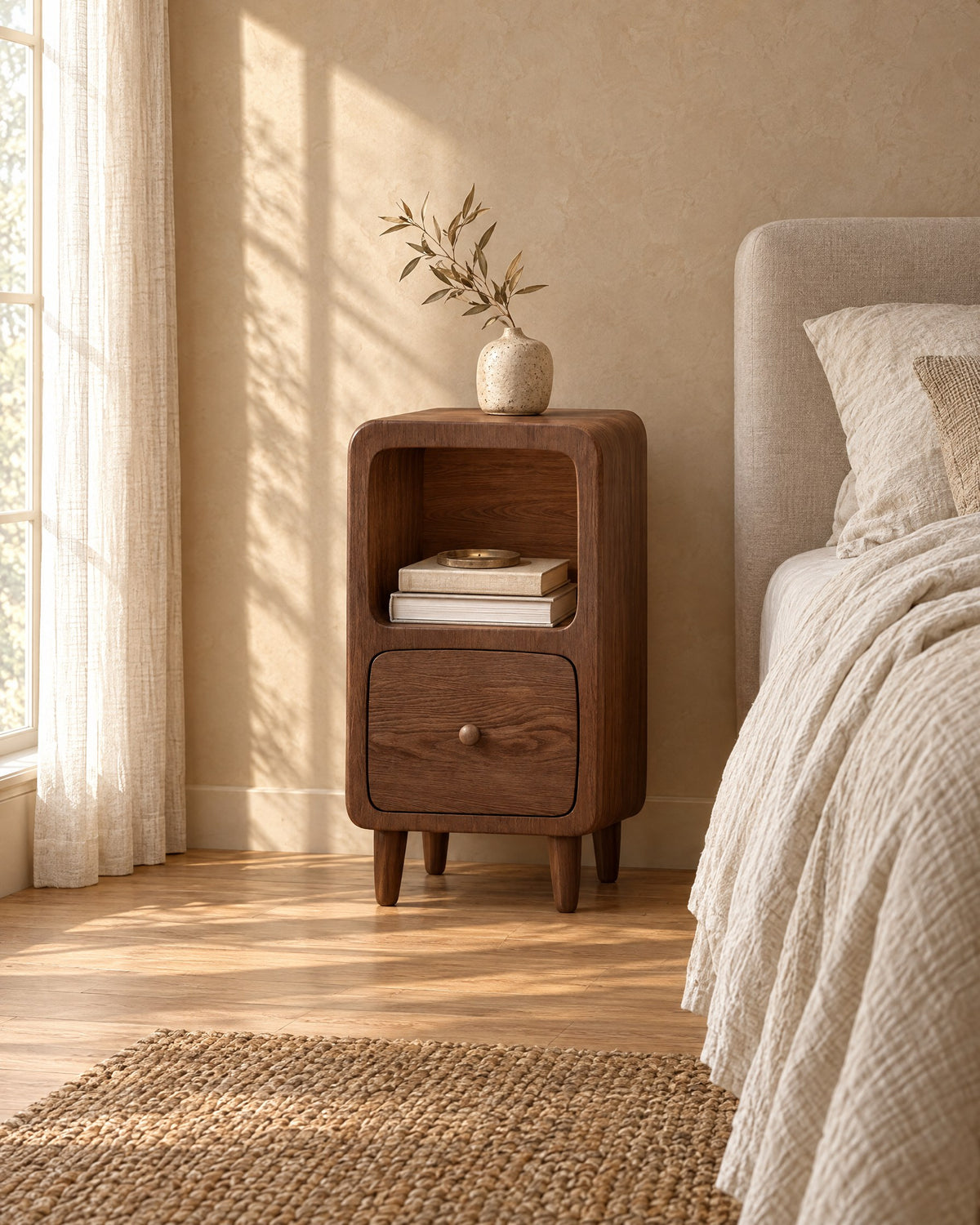 Three-quarter view of the small walnut bedside table showing its rounded edges and tapered legs