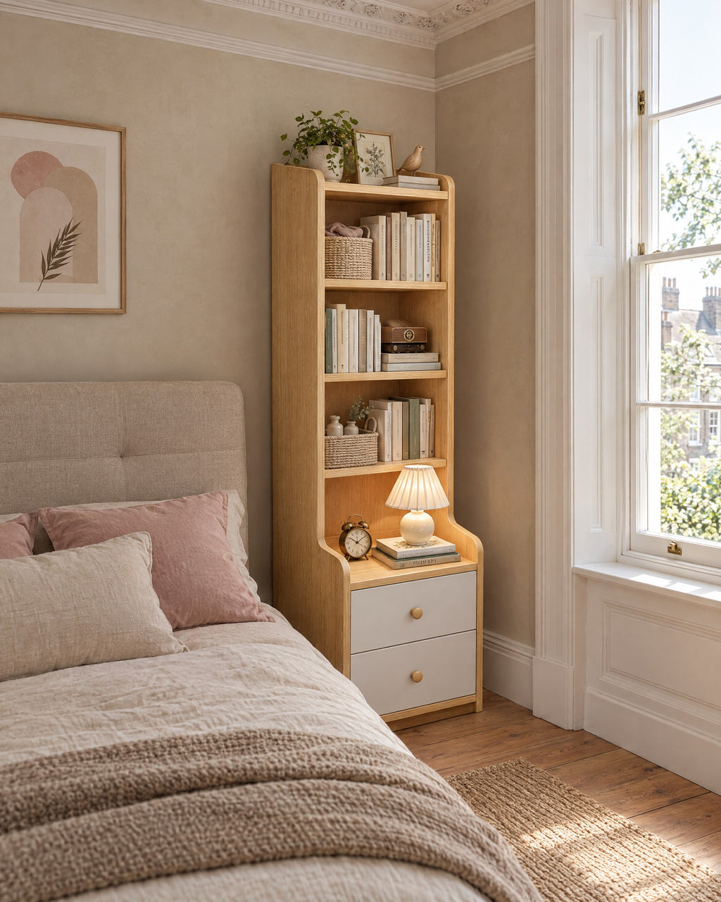 Tall oak-effect bedside table with bookcase beside a linen bed in a bright British bedroom with a sash window