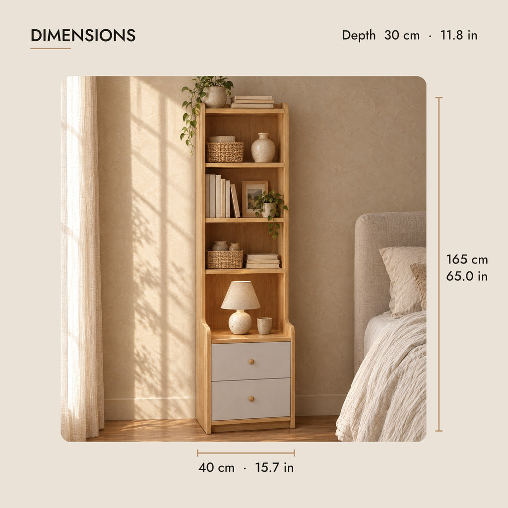 Tall oak-effect bedside table with bookcase dimensions: 40 cm wide, 30 cm deep, 165 cm high