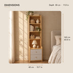 Tall oak-effect bedside table with bookcase dimensions: 40 cm wide, 30 cm deep, 165 cm high