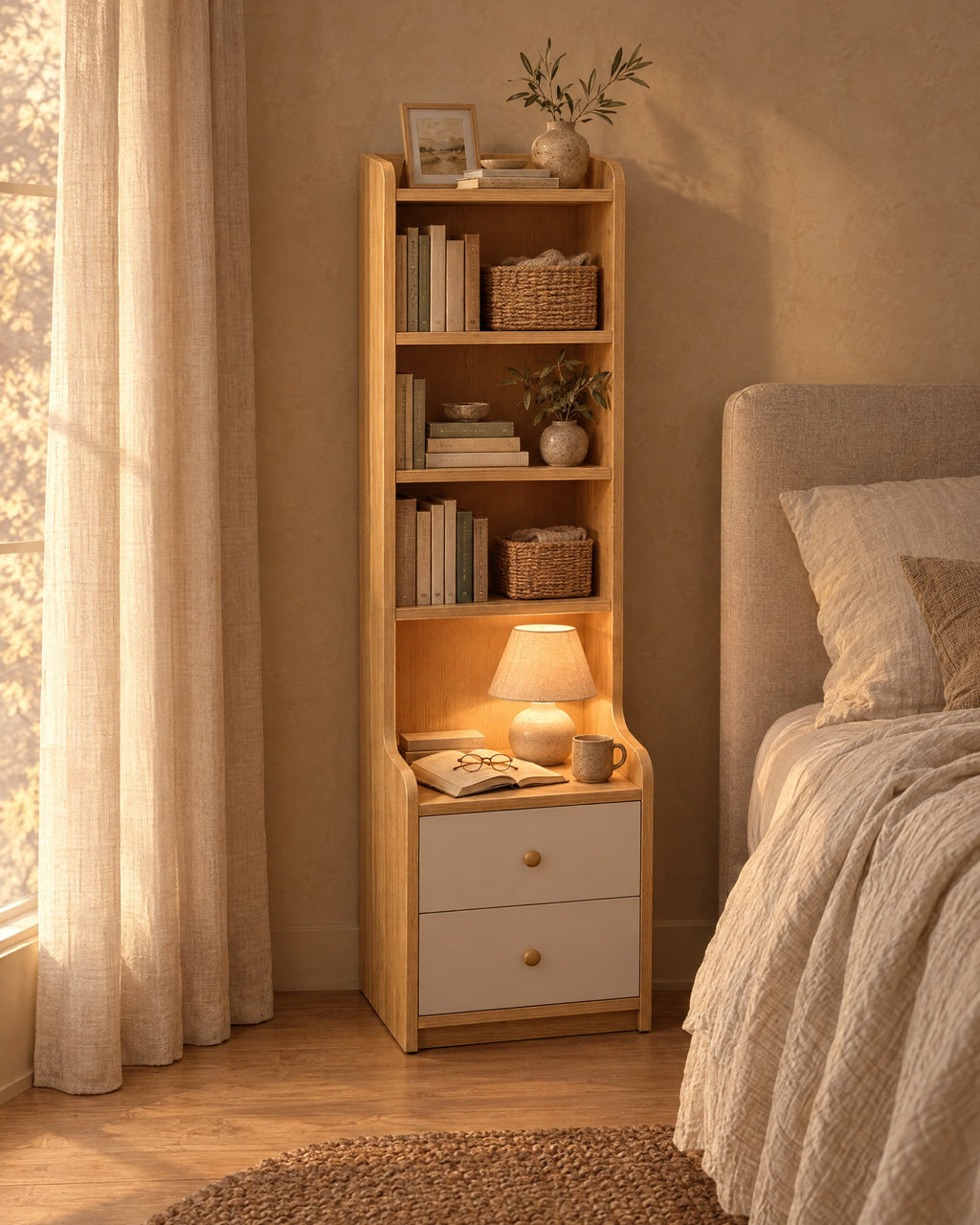 Tall oak-effect bedside table with bookcase with a lamp switched on and an open book in the evening