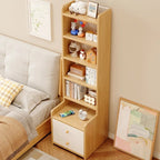 Front view of the tall oak-effect bedside table with bookcase