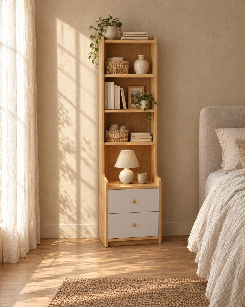 Tall oak-effect bedside table with bookcase with a ceramic lamp in morning light