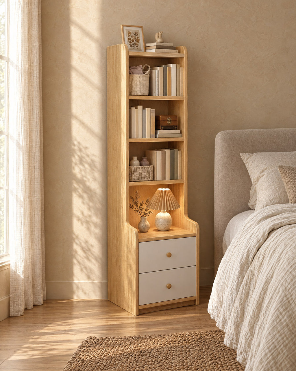 Three-quarter view of the tall oak-effect bedside table with bookcase beside the bed