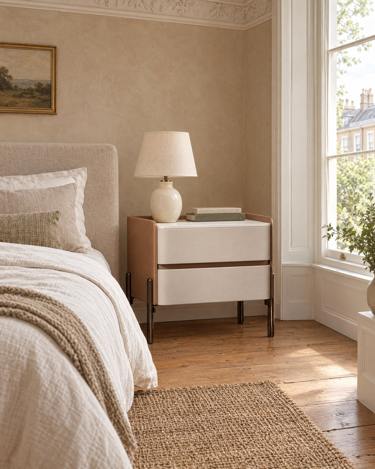 Tan and ivory bedside table beside a linen bed in a British bedroom