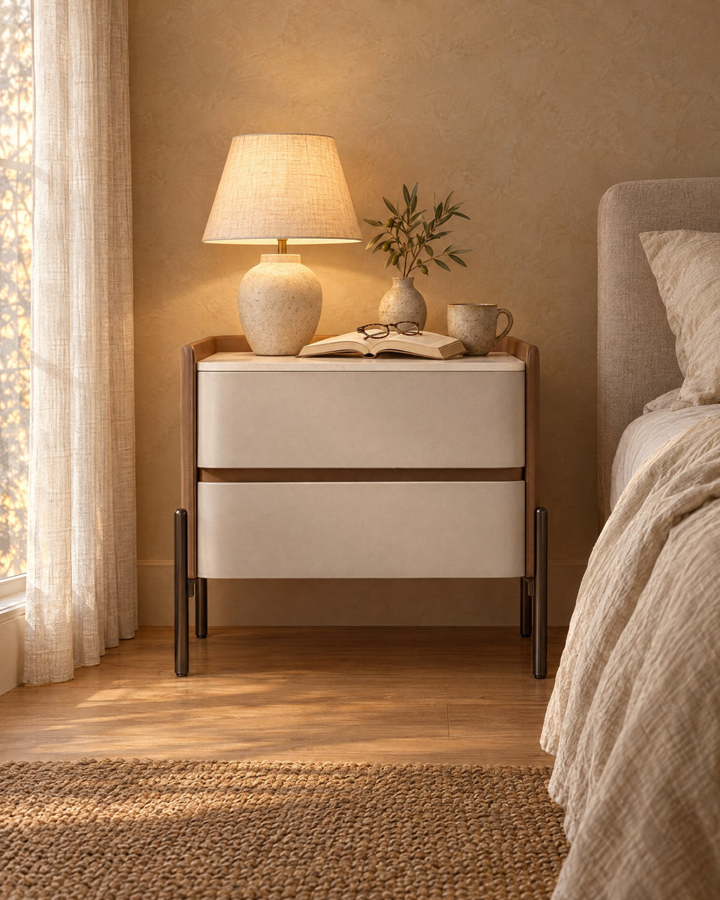 Tan and ivory bedside table with a lamp switched on in the evening