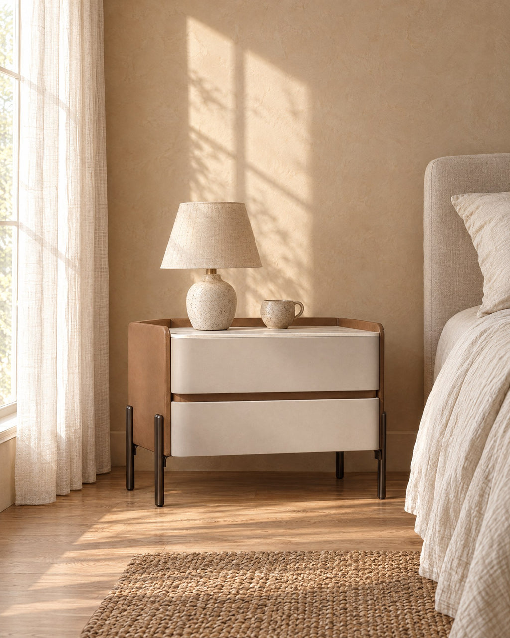 Tan and ivory bedside table with two drawers in morning light